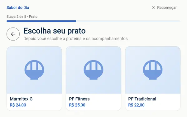 Tablet do totem na etapa de escolha do prato, com três opções e preços
